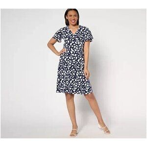 Susan Graver Tall Liquid Knit Faux Wrap Dress Navy Geo,Tall Large